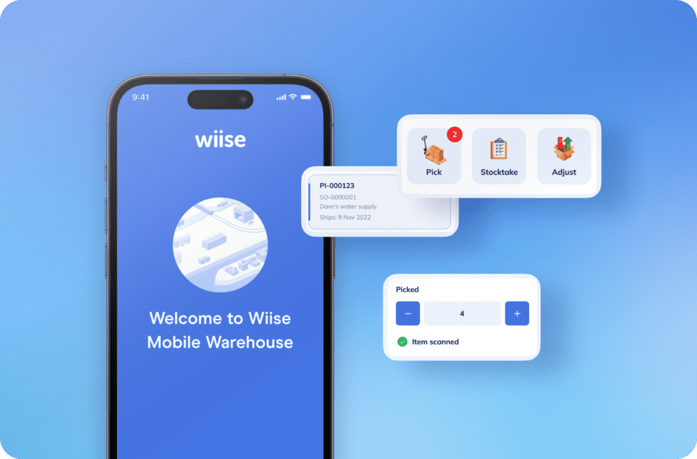 Image of a phone with Wiise Mobile Warehouse open on it with app features displayed next to it